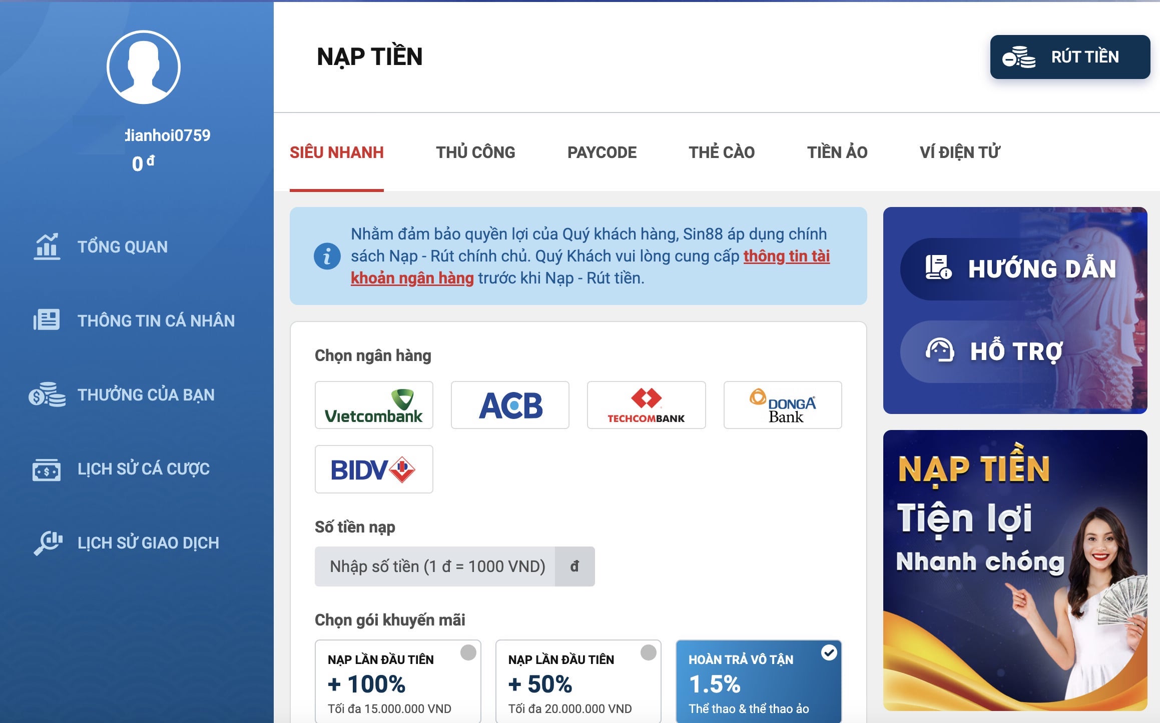 Các bước nạp tiền tại nhà cái Sin88