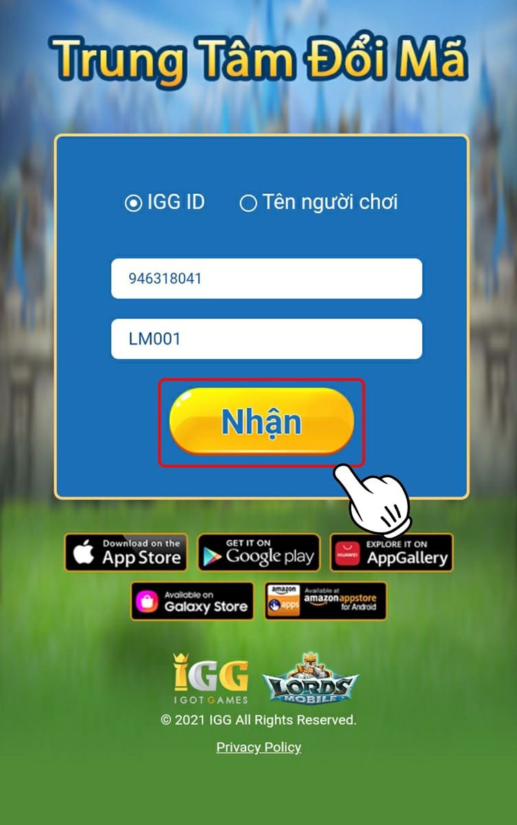 Nhấn Nhập Nhấn vào Nhập để hoàn thành thao tác nhập Code Lords Mobile