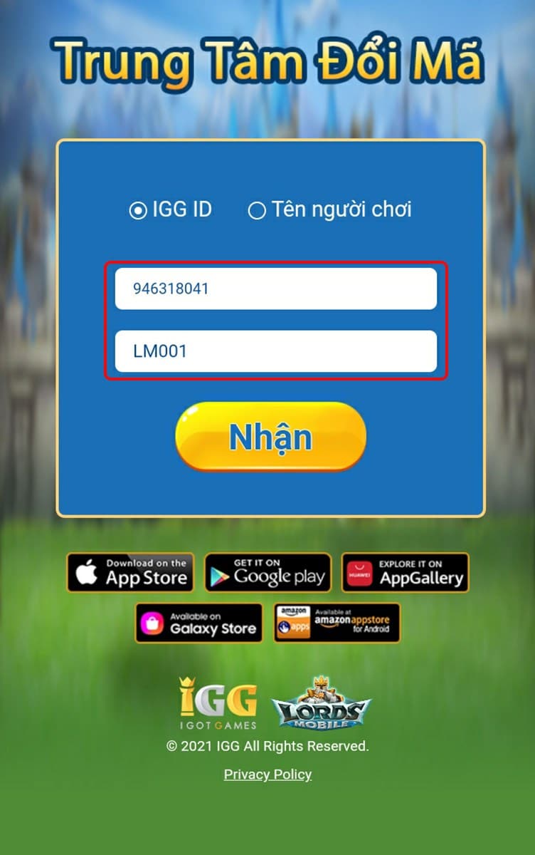 Nhập thông tin Nhập IGG ID và nhập Code Lords Mobile