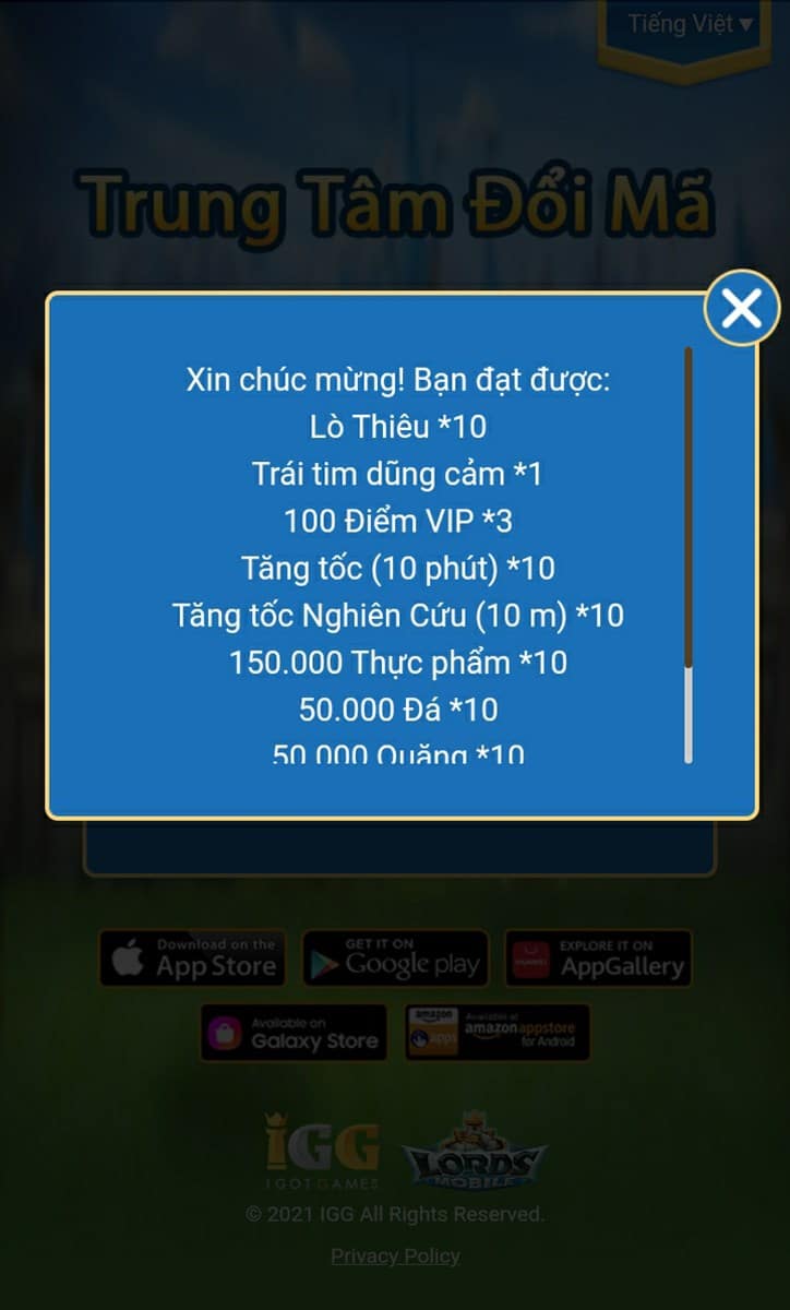 Quà của bạn Quà nhận được sau khi nhập mã Code Lords Mobile thành công
