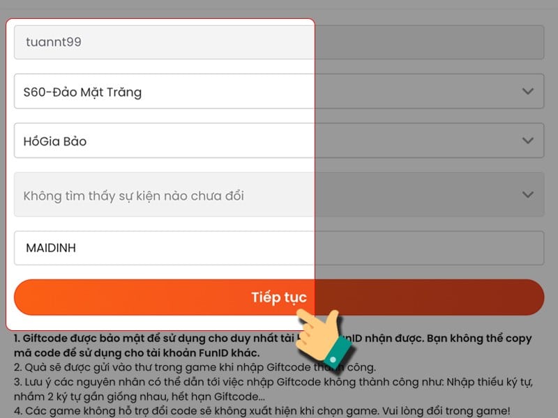 Bạn chọn server và nhân vật