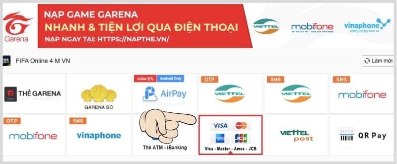 Chọn hình thức thanh toán thẻ Visa, Mastercard.