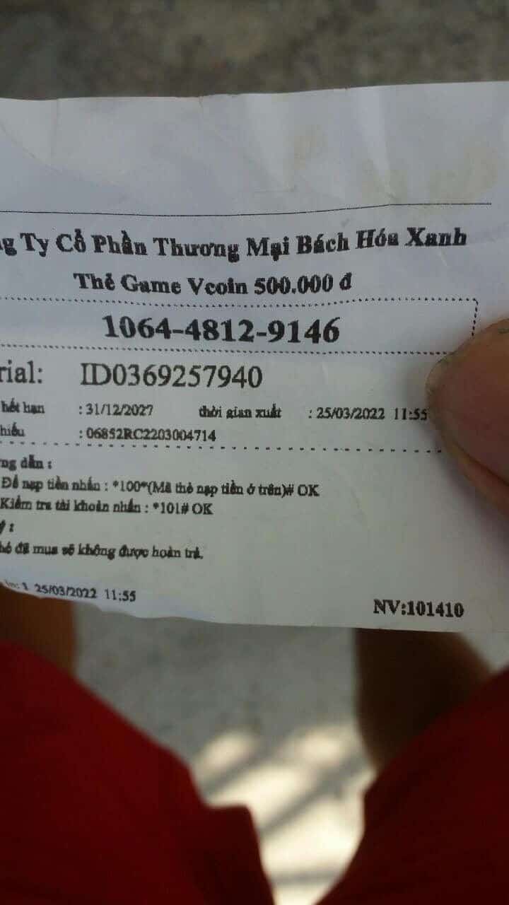 Ảnh card vcoin có số seri chưa dùng