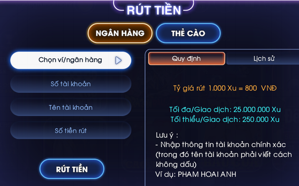 Các bước đơn giản giúp người chơi rút và nạp tiền